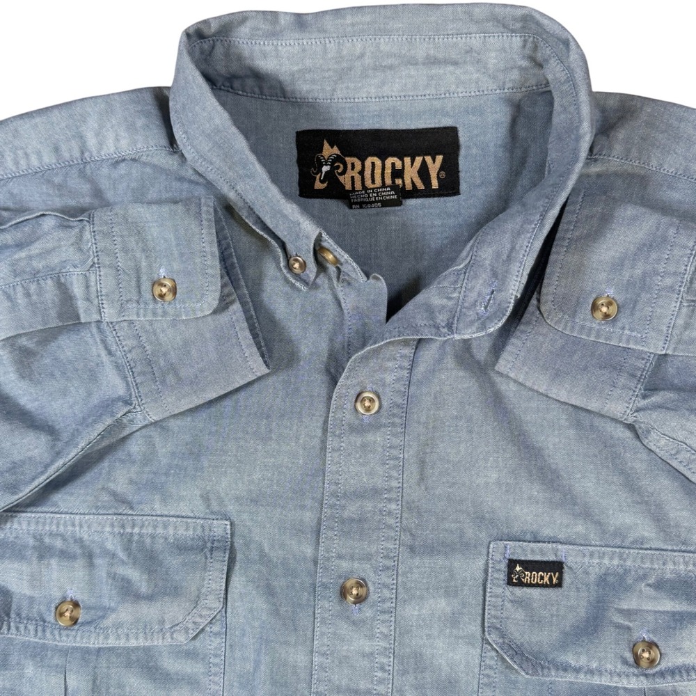Rocky Mens XL Long Sleeve Button Down Shirt‎ Work Utility Pockets Blue Chambray
